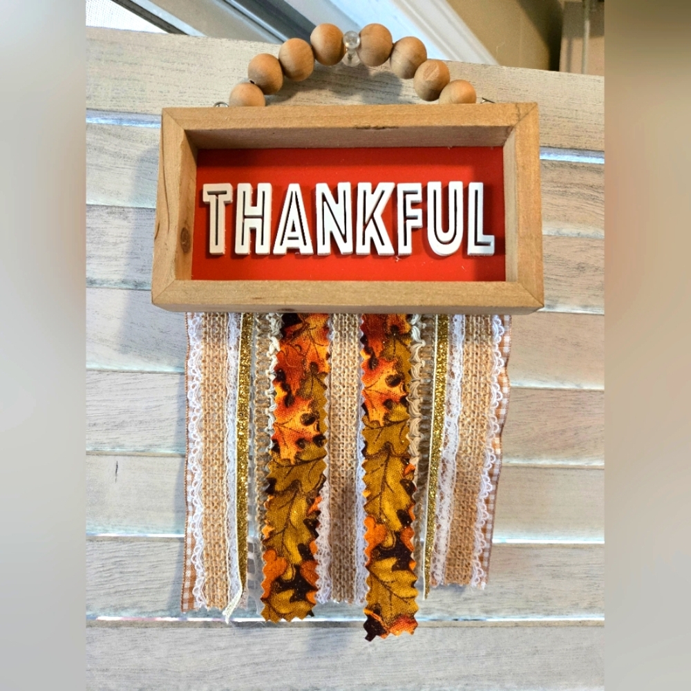 Thankful Autumn Pumpkins Fall Wall Decor Rustic Country Home Office Wood Ribbon